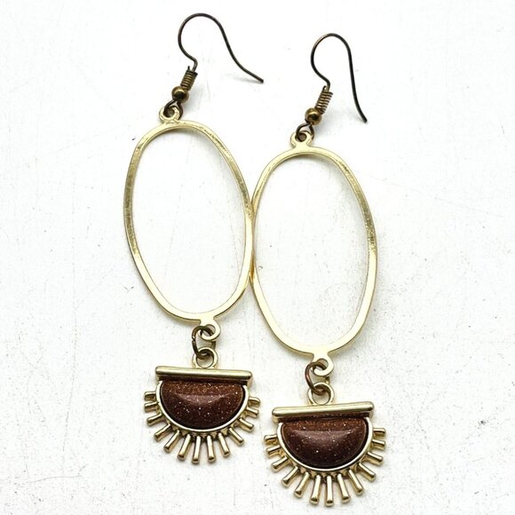 Unbranded Jewelry - Oval Hoop Earrings Half Sun Charm Gold Tone Brown Glitter Bead Boho Festival